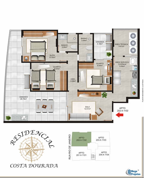 Residencial Costa Dourada- Planta 3 quartos tipo 2